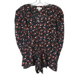 TOPSHOP Puffy Sleeve Blouse Top Black Red Floral Button Front Women's size 6 EUC